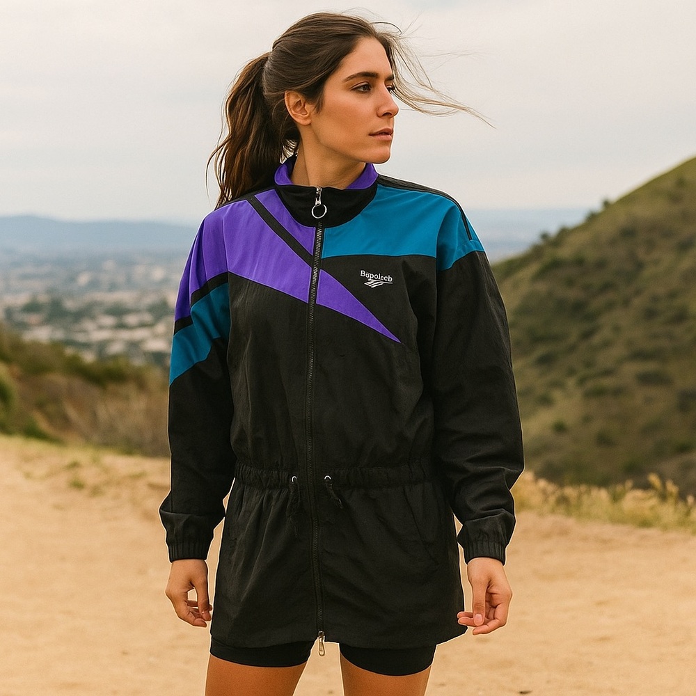 Vtg 90s Reebok Long Windbreaker Jacket Women Sz M Cinch Waist Swishy Nylon Zip